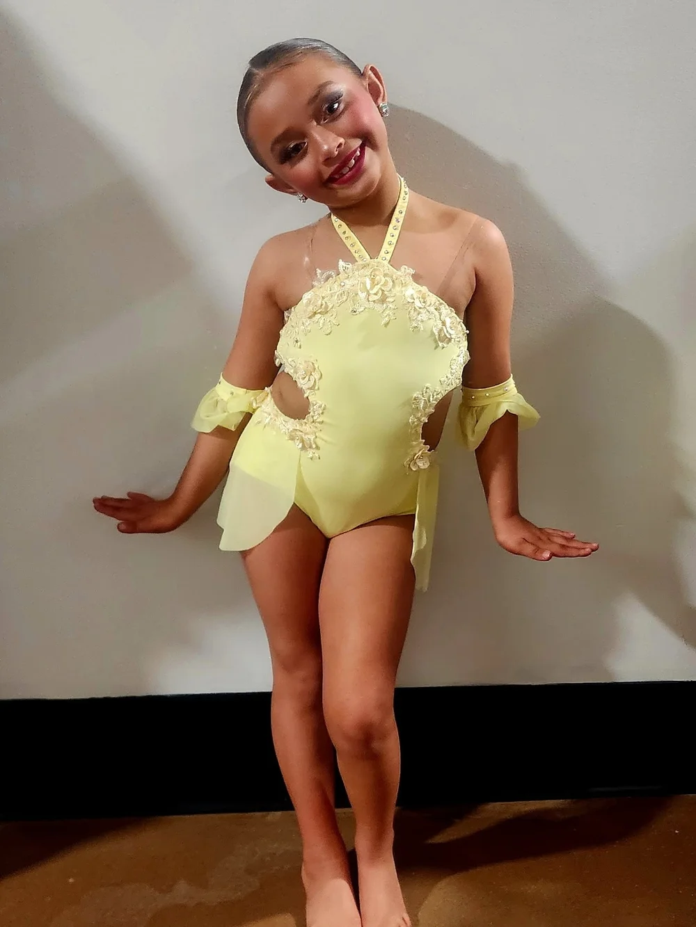 Yellow Girls' Dance Comp Costume with Cutout and Lace Trim